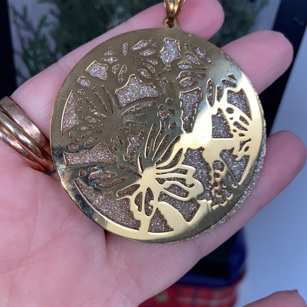 LR Yellow Gold Bronze Medallion Disc Buterflies CZ Pendant Necklace
